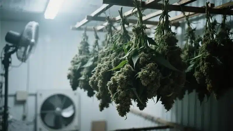 Green Crack x Somango branches hanging to dry in a controlled room, preserving their tropical fruit aroma and dense, resin-coated buds.