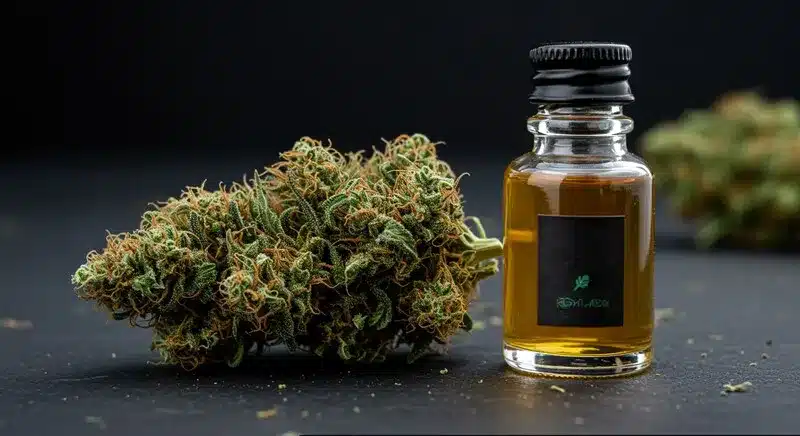 Green Poison dried flower with amber cannabis oil, displaying the strain’s dense trichomes and sweet resin ideal for extracts and potency.