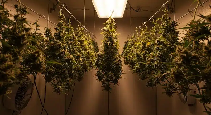 Green Poison buds hanging to dry under warm light in a controlled indoor room, enhancing their sweet aroma and powerful indica effects.