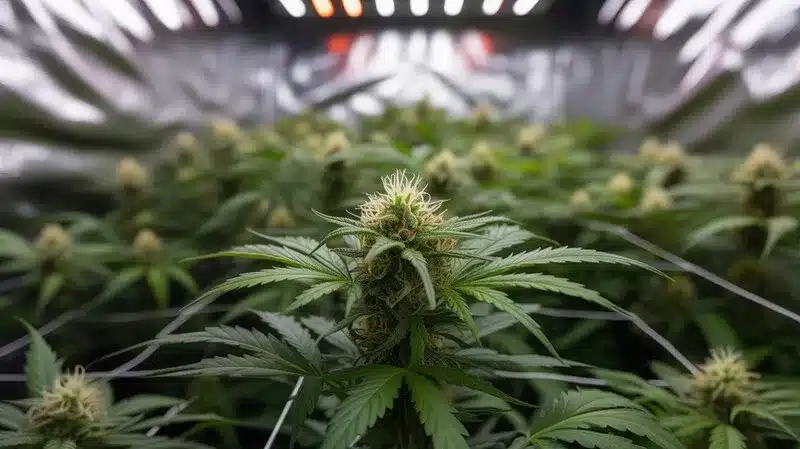 Guanabana cannabis plants growing indoors under full-spectrum LED lights, showcasing strong hybrid genetics and dense bud formation.