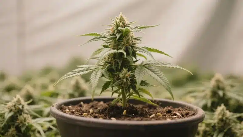 Guanabana plant in a pot during early flowering, developing compact buds and vibrant green leaves under optimal indoor growing conditions.