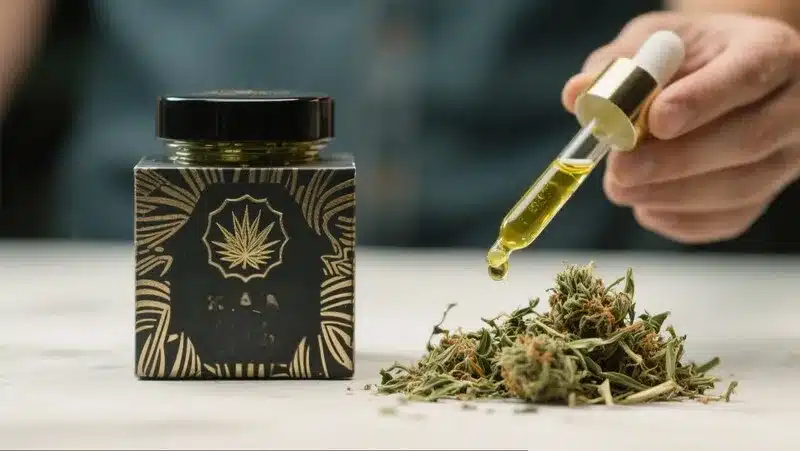 Harlequin CBD (1:18) buds and golden CBD oil in a luxury jar, showcasing the strain’s rich cannabidiol content and earthy-citrus terpene aroma.