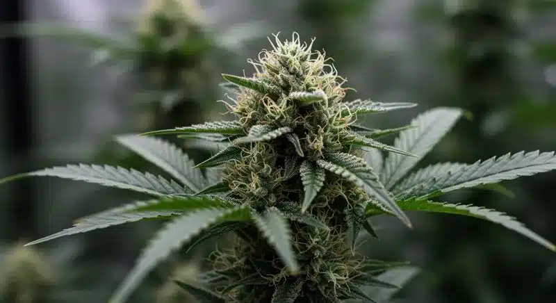 Hash Passion Regular plant in bloom with thick, frosty buds and intense hash-like terpenes, prized for resin and full-bodied aroma.