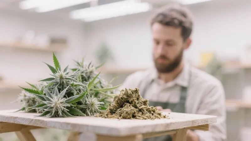 Hash Passion Regular buds being trimmed and inspected by a grower, showcasing dense resin-covered flowers and high-quality production.