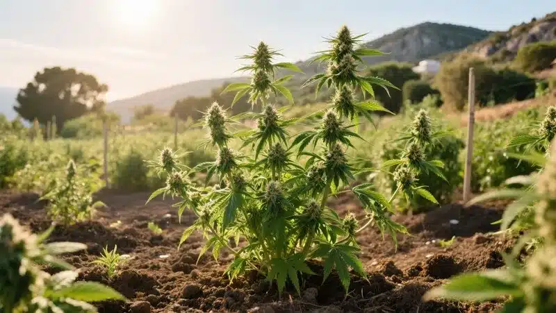 Hawaii x Purple Skunk Regular grown outdoors in fertile soil, producing tall, plants with fruity-skunky scent and high yield potential.