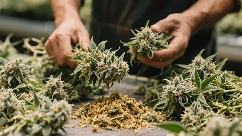 Hawaii x Purple Skunk Regular buds being hand-trimmed, showing frosty trichomes and strong tropical-skunky aroma ideal for resin extraction.