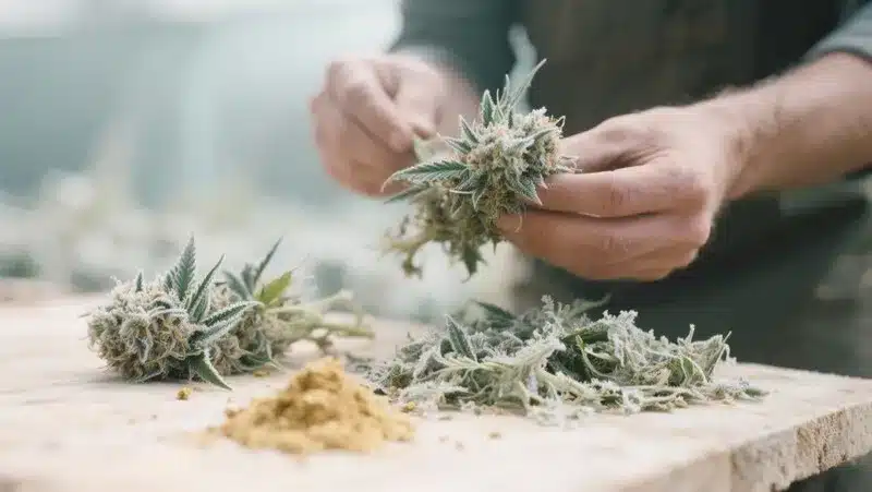 Hawaiian Snow cannabis buds being carefully trimmed, showing thick resin, tropical aromas, and high-quality trichome production for smooth effects.