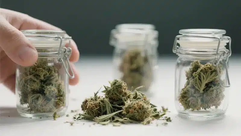 Hawaiian Snow buds perfectly cured and preserved in airtight jars, maintaining their citrus aroma and potency for long-lasting freshness.