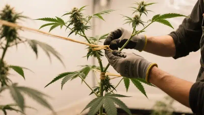 Head Band plant under careful training to enhance structure and light exposure, boosting yield and resin development during flowering.