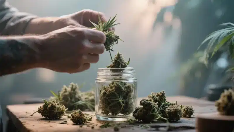 Head Band buds being stored in glass jars to preserve aroma, potency, and smooth smoke through professional curing techniques.