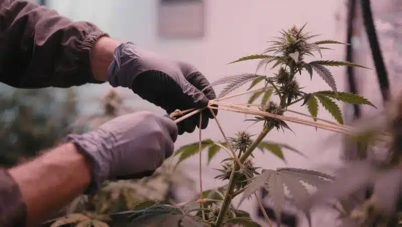 Hektol plant being trained with LST technique to optimize light exposure, strengthen structure, and enhance bud density indoors.