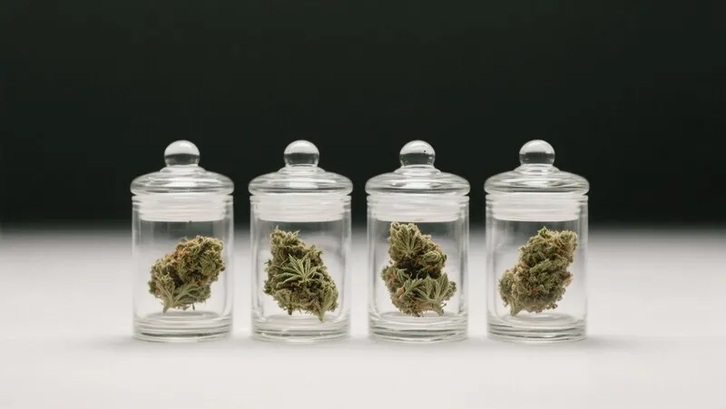 Hellfire Fast Version buds perfectly cured and stored in glass jars to preserve aroma, potency, and terpene richness after harvest.