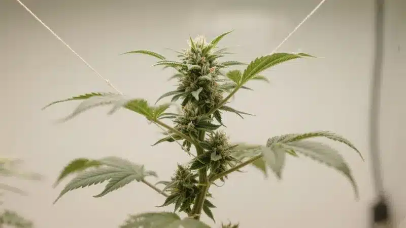 Hellfire Fast Version plant developing dense buds under LED lighting, showcasing fast flowering and compact growth with high resin output.