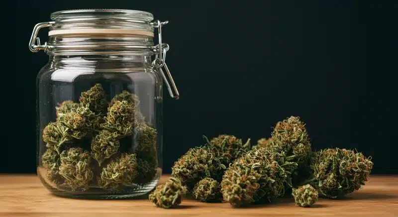 Ice Cream x SFV OG buds carefully cured and stored in glass jars to preserve their sweet aroma, potency, and smooth flavor after harvest.