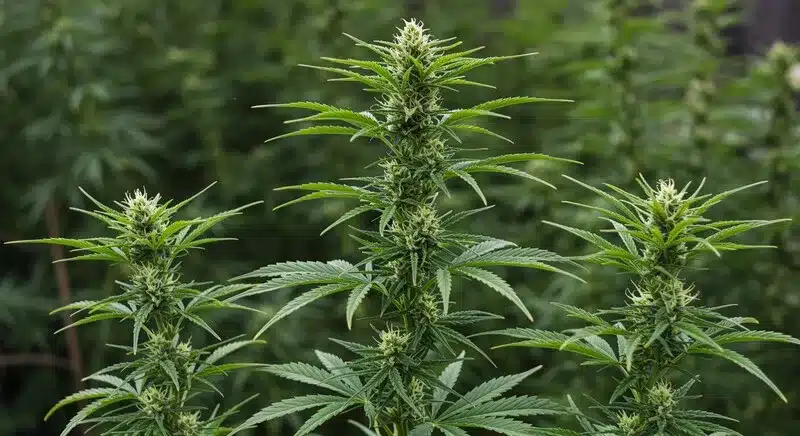 Jack Herer x Skunk growing outdoors with tall, sturdy stems and early buds forming, showing the vigor and resilience of this hybrid strain.