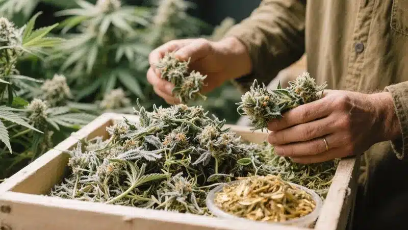 Freshly harvested Jack Herer x Skunk buds being hand-trimmed, revealing frosty trichomes and rich Skunk aromas with classic Jack Herer influence.