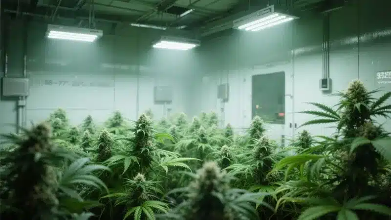 Jack Herer x Super Skunk thriving under LED lights in an indoor grow room, producing heavy, resin-coated buds with strong Skunk aroma.