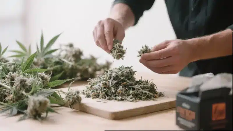 Freshly harvested Jealousy F1 buds being hand-trimmed, revealing frosty trichomes, compact flowers, and premium hybrid quality.