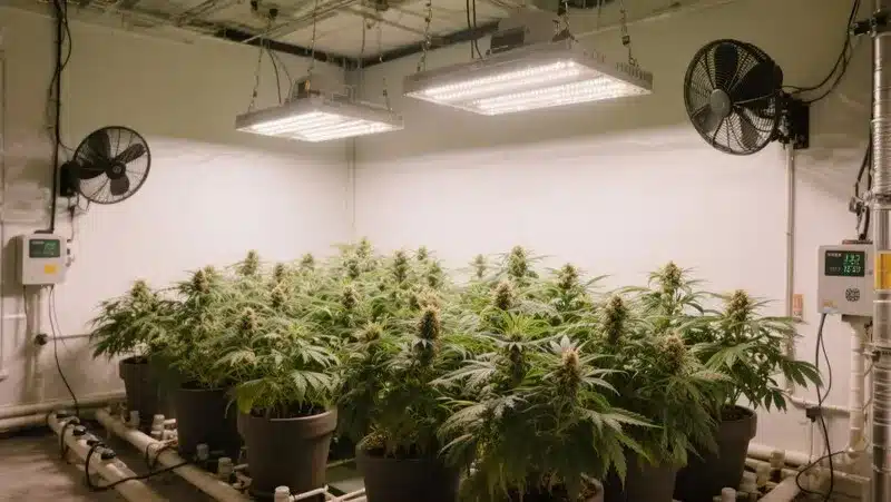 Jony Pot x Pineapple Sherbet Regular thriving indoors under LED lighting, showing growth and dense, resinous buds in late flowering.