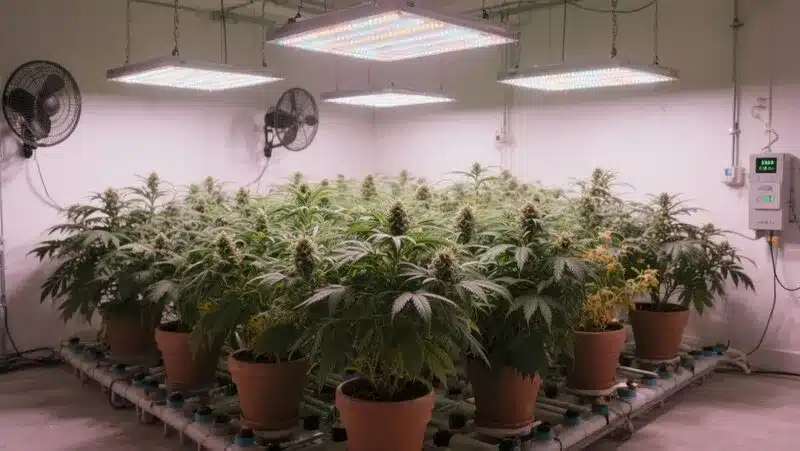 Jungle Wreck plants thriving indoors under full-spectrum LED lights, showing growth, wide leaves, and dense buds in mid-flowering.