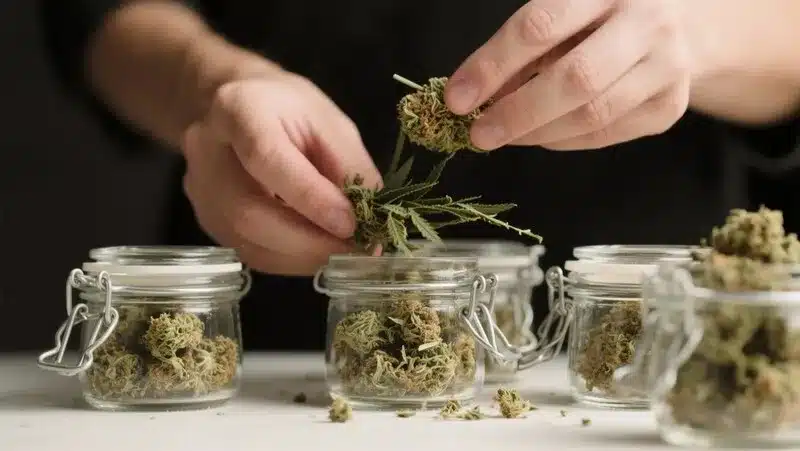 Kali Mist buds being carefully stored in glass jars after drying, preserving their spicy aroma and potent Sativa effects.