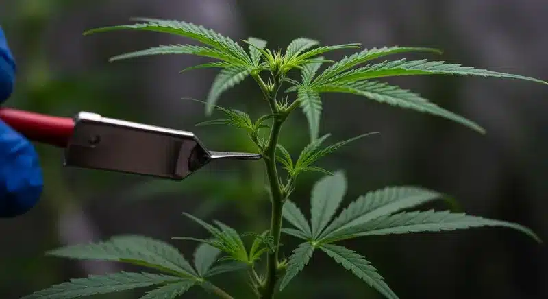 A grower pruning a young Kali Mist plant to enhance airflow and light exposure, promoting vigorous and balanced Sativa development.
