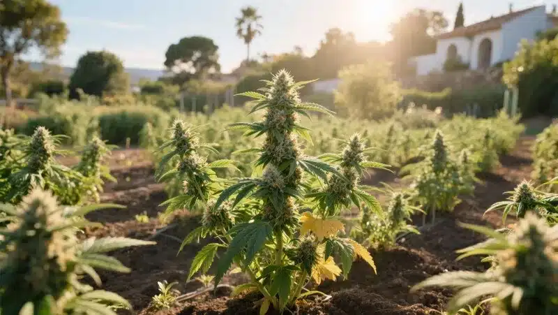 Koji plants thriving outdoors in full sunlight, showing strong structure and healthy green leaves for optimal flowering and yield.