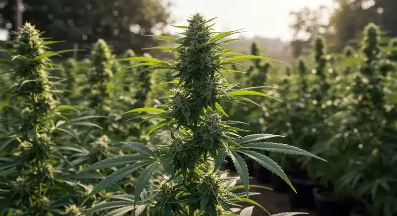 Kosher Kush x Tangerine thriving outdoors with tall, resinous colas under natural sunlight, combining strength, aroma, and high yield potential.