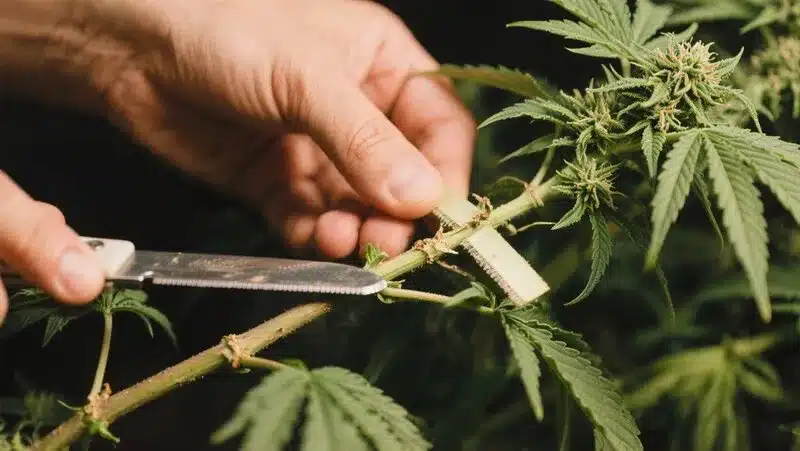 A Kosher Kush x Tangerine branch being cut for cloning, promoting healthy growth and structure for better flowering results.