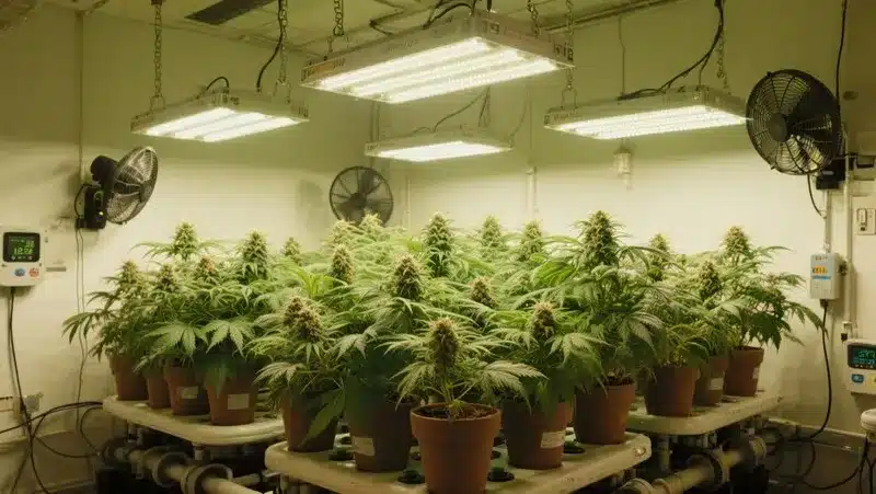 Kush Mints Fast Version growing under LED lights in a controlled indoor setup, showcasing growth, dense buds, and fast flowering genetics.