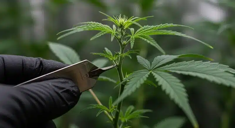 A cultivator pruning a young Kush Mints Regular plant to promote multiple bud sites and improve light penetration for optimal yields.