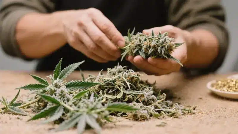 Grower hand-trimming Kush Mints Regular buds, showcasing dense flowers covered in trichomes for a premium post-harvest finish.