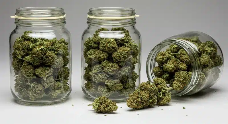 High-quality Kushberry buds preserved in glass jars, highlighting their dense texture, earthy-berry aroma, and premium curing process.