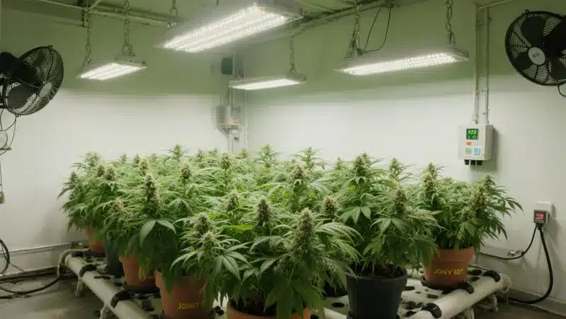 Kushberry: Indoor Cannabis Grow Room with LED Lights.