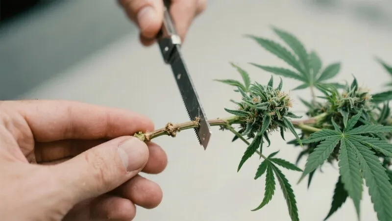A grower carefully trimming a Kushberry branch to promote better airflow and bud development for strong, aromatic flowers.