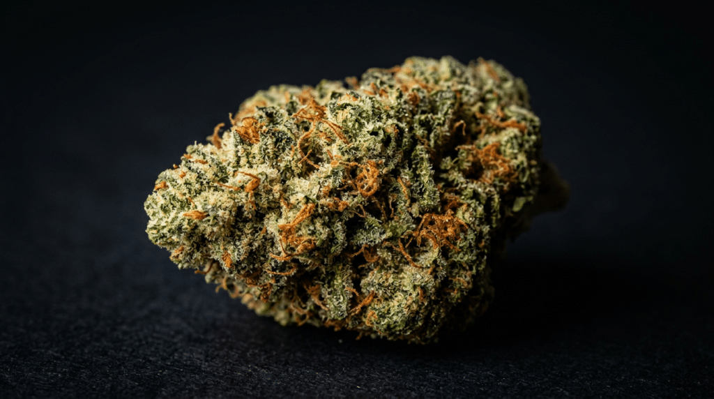 Apple Fritter THCA flower close-up bud with frosty trichomes and orange pistils on a dark background.