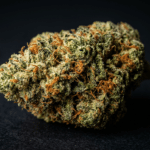 Apple Fritter THCA flower close-up bud with frosty trichomes and orange pistils on a dark background.