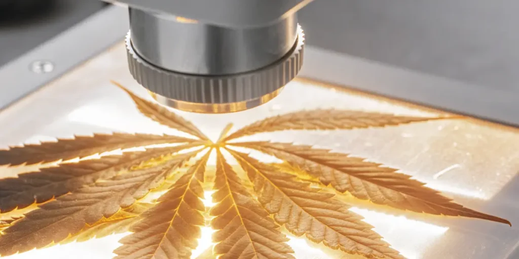 Backlit cannabis leaf under a microscope revealing detailed leaf structure and veins