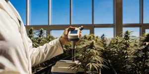 Scientist measuring cannabis plant brix levels using a digital refractometer inside a greenhouse.