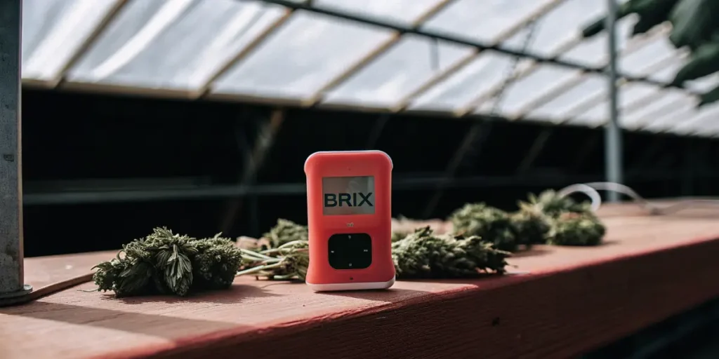 Digital Brix meter placed next to freshly harvested cannabis buds inside a greenhouse to measure sugar levels.