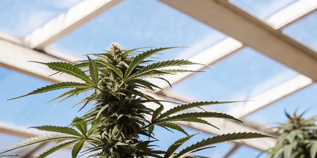 Mature cannabis bud under a glass roof with natural sunlight