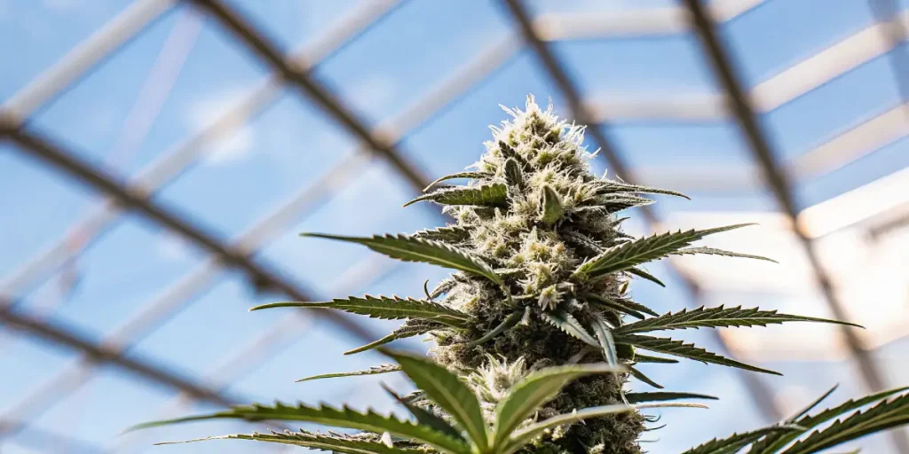 Close-up of a mature cannabis cola covered in crystalline trichomes growing inside a sunlit greenhouse.
