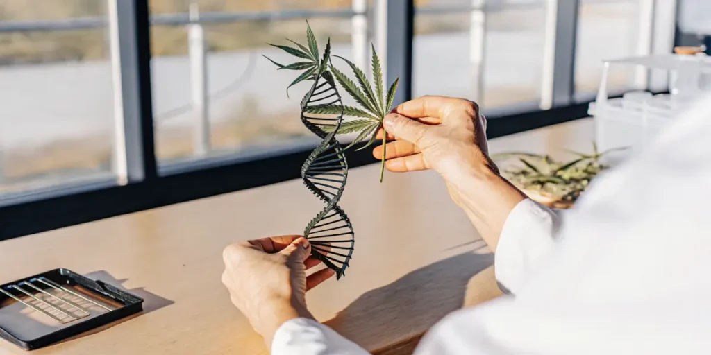 Hands holding a cannabis leaf and a DNA double helix model during laboratory-based cannabis genetics research.