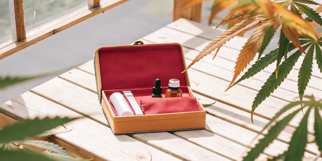 Boîte de rangement élégante contenant des flacons d’extraits de cannabis, placée sur une table en bois sous lumière naturelle.