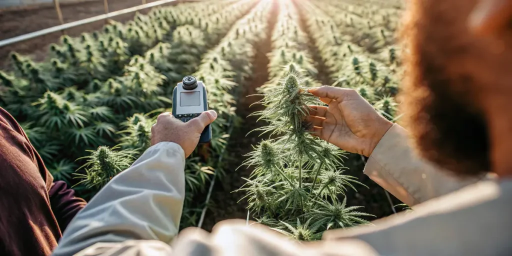 Growers checking cannabis plant brix levels in a large outdoor cultivation field.