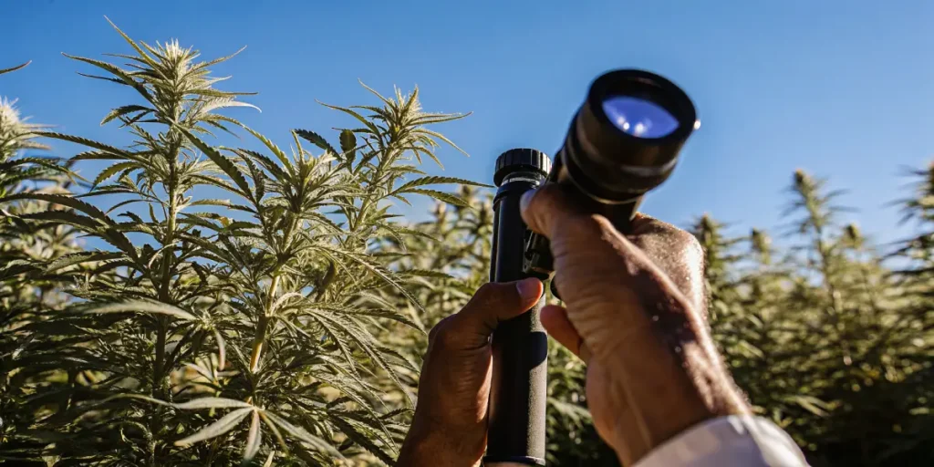 Cultivator inspecting cannabis plants in an outdoor field using a handheld magnifier to examine plant health and trichome development.