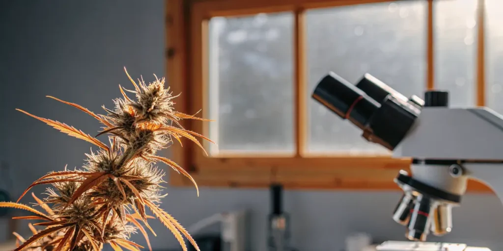 Cannabis flower examined with a laboratory microscope for trichome density and maturation.