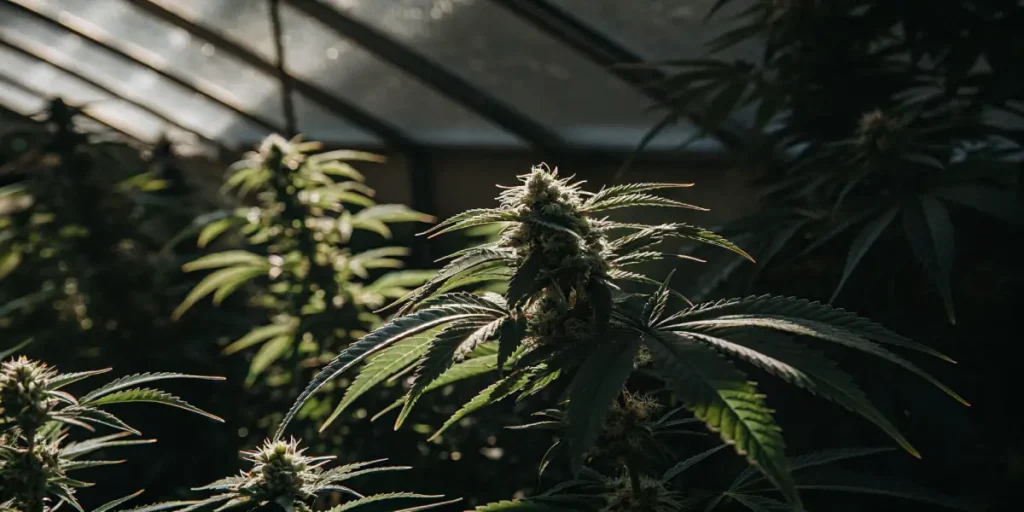 Cannabis plants in the flowering stage growing inside a greenhouse under low natural light conditions.