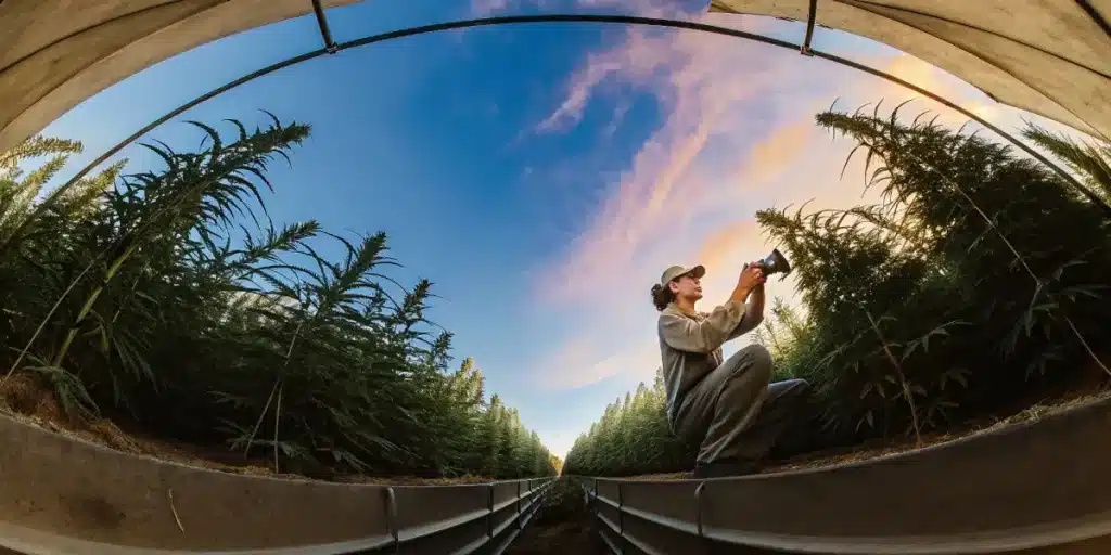 Grower testing brix levels in cannabis plants inside a greenhouse at sunset