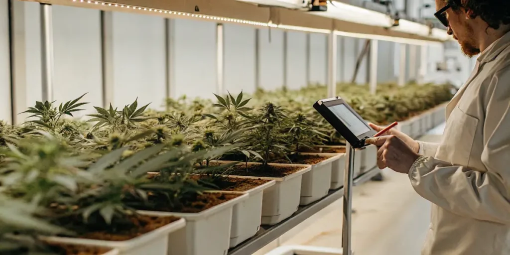Cannabis plants growing in a high-tech indoor cultivation room monitored by a researcher using a digital tablet.